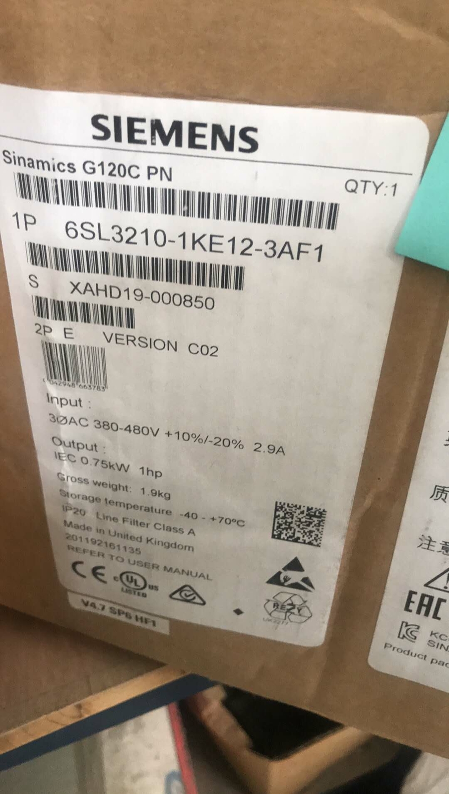 1PC Siemens 6SL3210-1KE12-3AF2 6SL3 210-1KE12-3AF2 G120C Inverter New In Box 1PC Siemens 6SL3210-1KE12-3AF2 6SL3 210-1KE12-3AF2 G120C Inverter New In Box