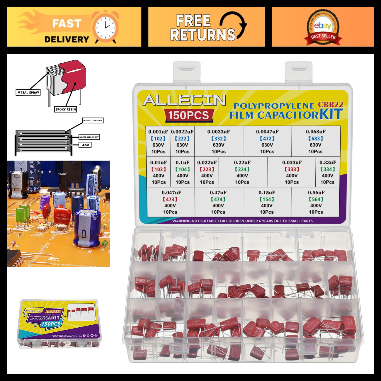 150PCS Polypropylene Film Capacitors Kit 0.001uF to 0.68uF 400V/630V - Electroni 150PCS Polypropylene Film Capacitors Kit 0.001uF to 0.68uF 400V/630V - Electroni