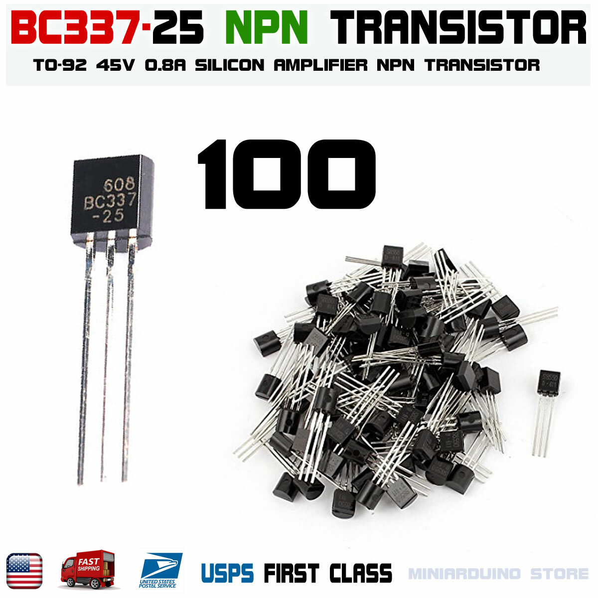 100pcs BC337 BC337-25 NPN Transistor TO-92 Bipolar Amplifier 0.5A