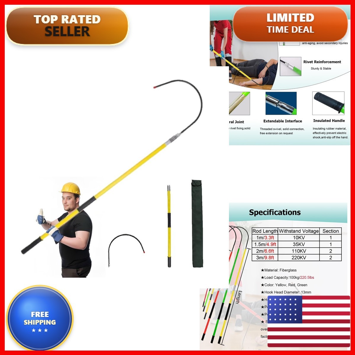 HMLZSJ 220 LBS 10-220KV High Voltage Insulated Anti-Electrocution Rescue Hook HMLZSJ 220 LBS 10-220KV High Voltage Insulated Anti-Electrocution Rescue Hook