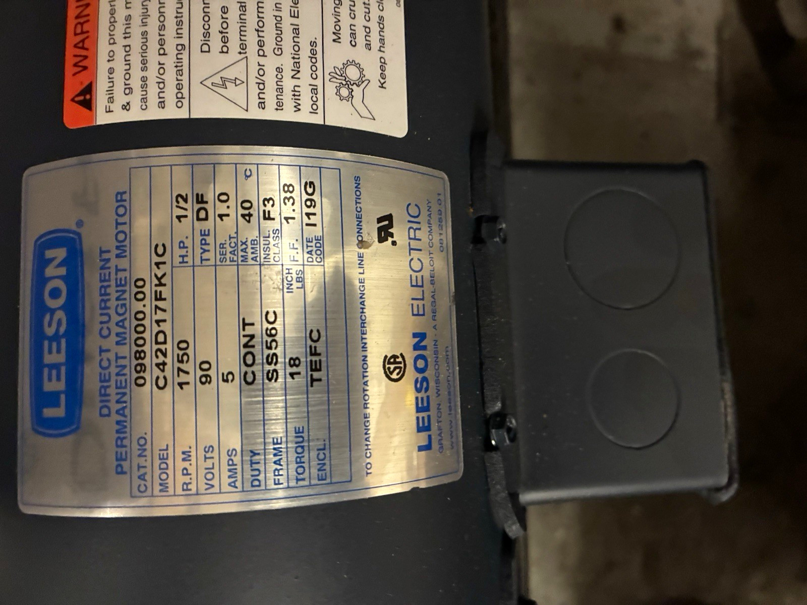 Leeson Permanent Magnet DC Motor C42D17FK1C 1/2 HP 90V 1750 RPM TEFC Leeson Permanent Magnet DC Motor C42D17FK1C 1/2 HP 90V 1750 RPM TEFC