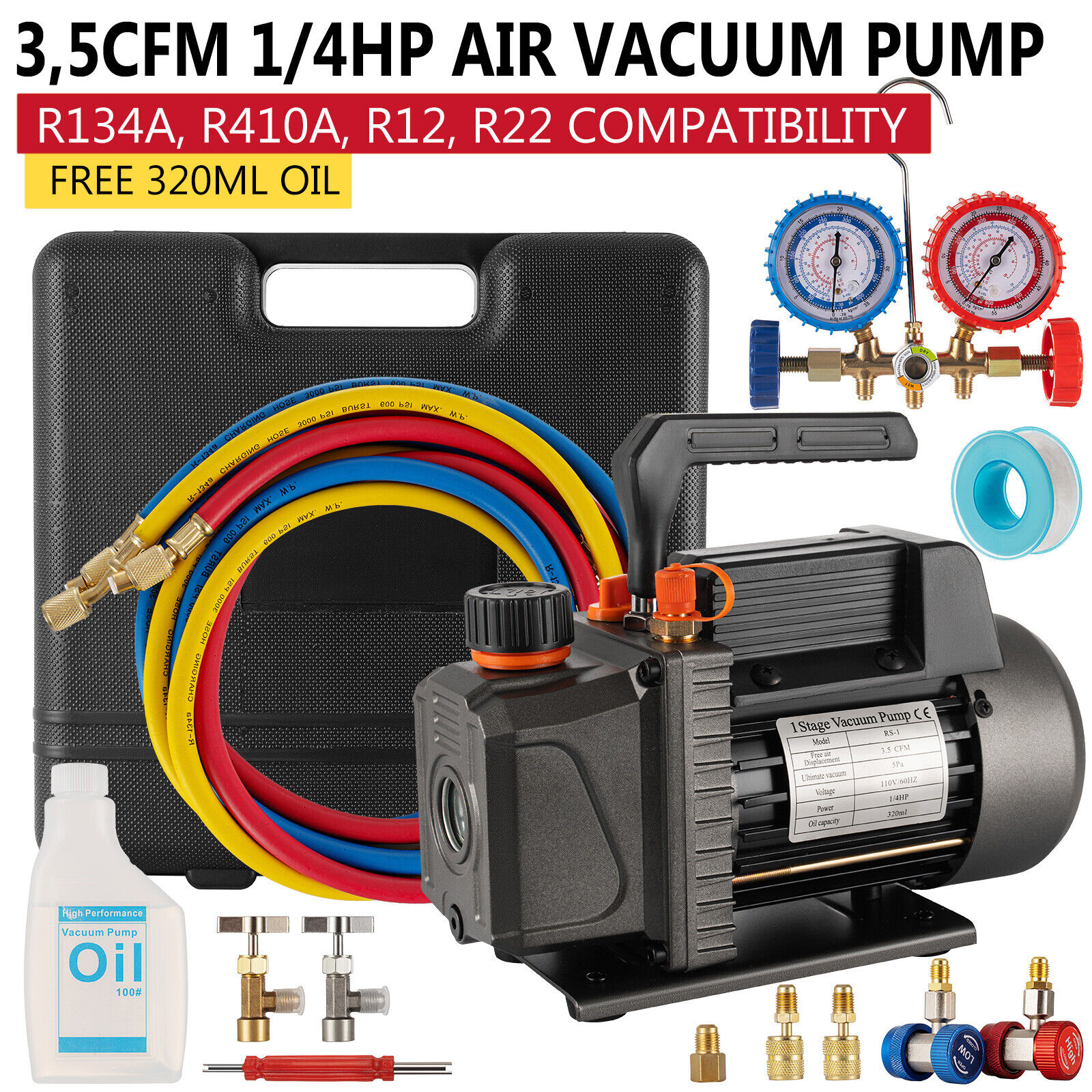 A/C Manifold Gauge Set R134A R410a R22 With 3,5 CFM 1/4HP Air Vacuum Pump W/ Oil