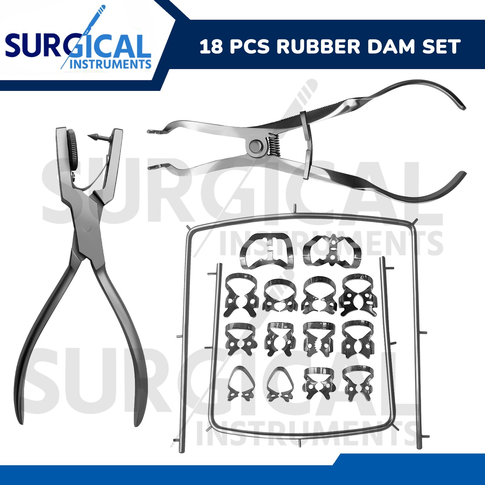 Rubber Dam Kit Starter of 18 Pcs with Frame Punch Clamps Dental Instruments Rubber Dam Kit Starter of 18 Pcs with Frame Punch Clamps Dental Instruments