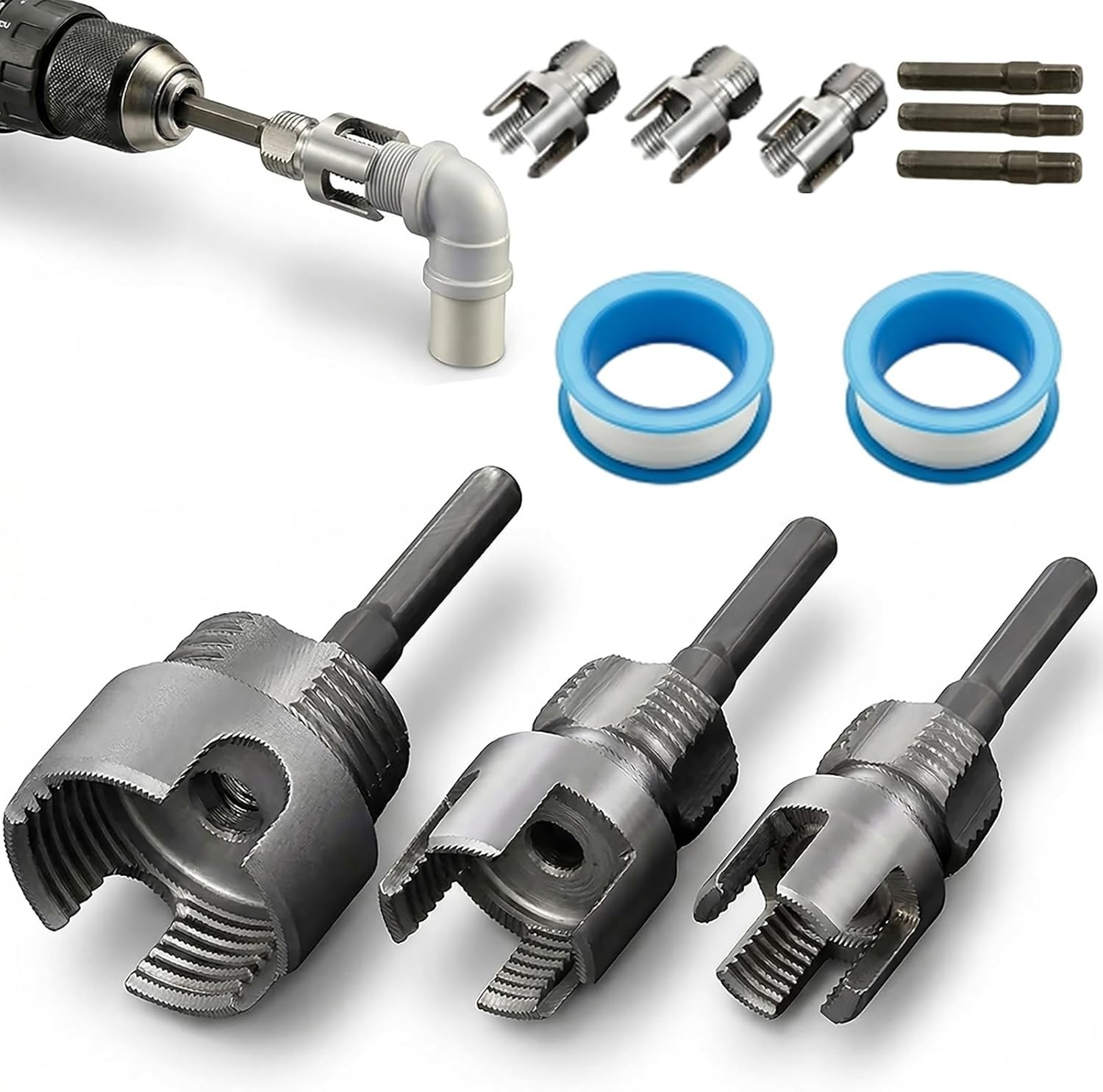 3PCS PVC Pipe Threader Kit Internal External 1/2 3/4 1 Inch Drill Tool 3PCS PVC Pipe Threader Kit Internal External 1/2 3/4 1 Inch Drill Tool