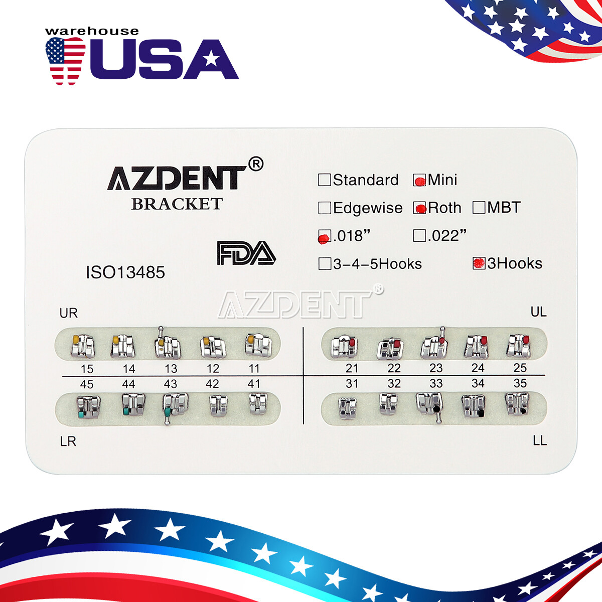 AZDENT Orthodontic Dental Brackets Braces Mini Standard Roth MBT.022/.018 Hooks AZDENT Orthodontic Dental Brackets Braces Mini Standard Roth MBT.022/.018 Hooks