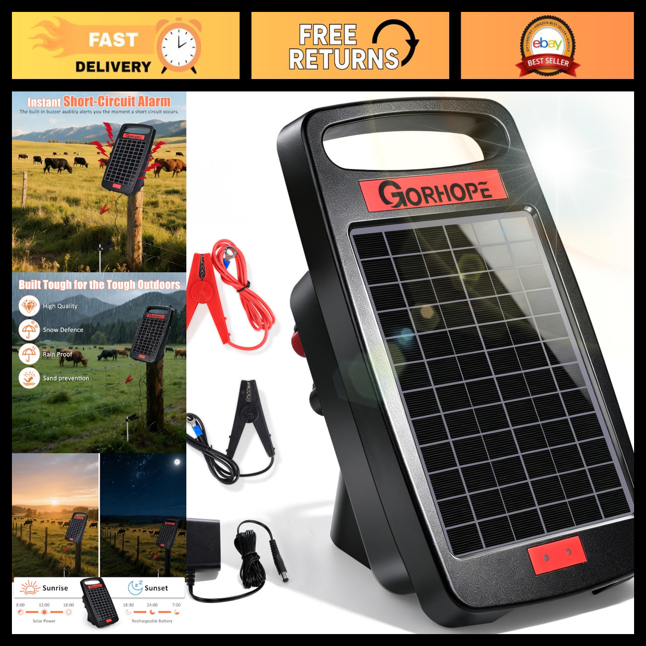10 Mile Solar Electric Fence Charger with Short Circuit Alarm, 0.18J Power, Dura