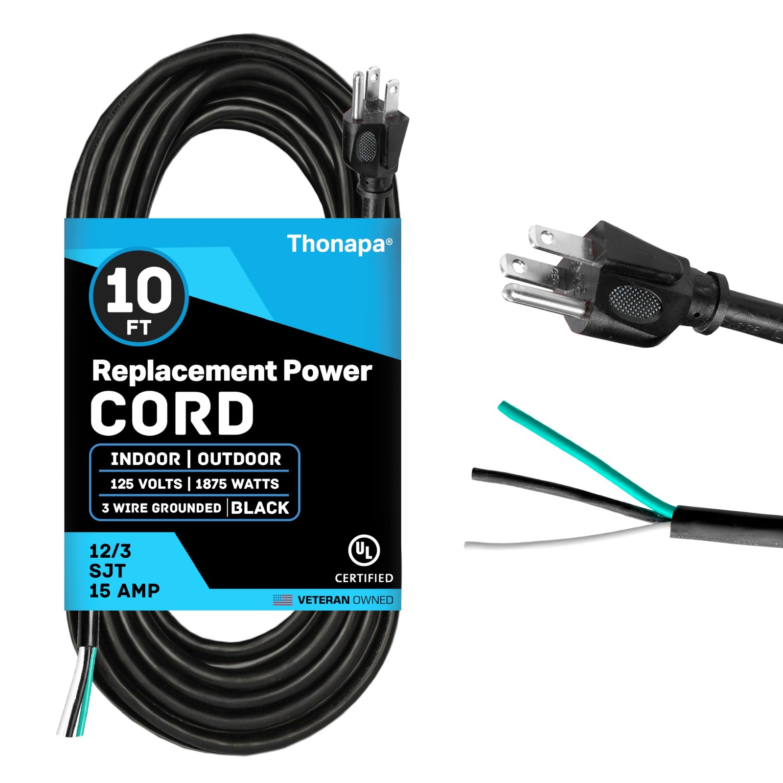 Thonapa 10 Foot Replacement Cord with Open End-Black 12 AWG 12/3 SJT, NEMA 5-15P Thonapa 10 Foot Replacement Cord with Open End-Black 12 AWG 12/3 SJT, NEMA 5-15P