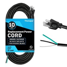 Thonapa 10 Foot Replacement Cord with Open End-Black 12 AWG 12/3 SJT, NEMA 5-15P picture