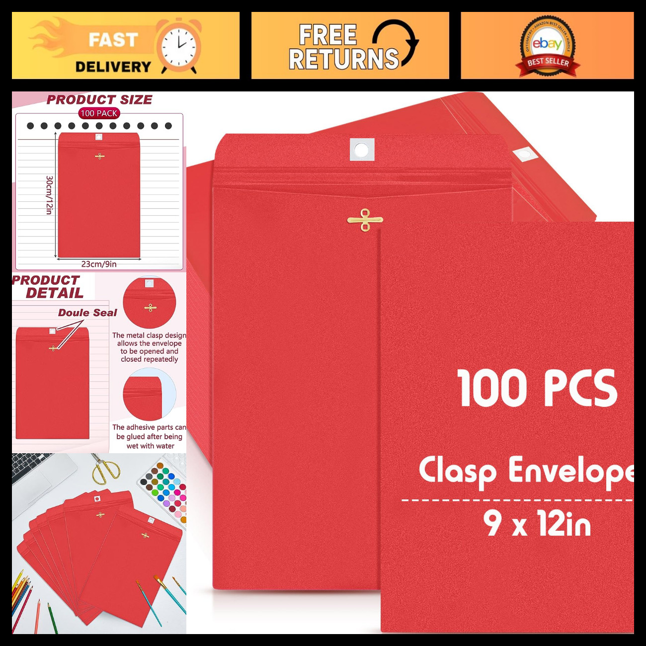 100 Pcs 9x12 Inch Red Clasp Manila Envelopes for Mailing, Shipping & Storage 100 Pcs 9x12 Inch Red Clasp Manila Envelopes for Mailing, Shipping & Storage