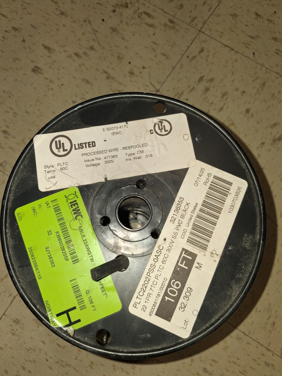106 foot spool of wire 22 1pr 7tc pltc 60c 300v ss pvc black 106 foot spool of wire 22 1pr 7tc pltc 60c 300v ss pvc black