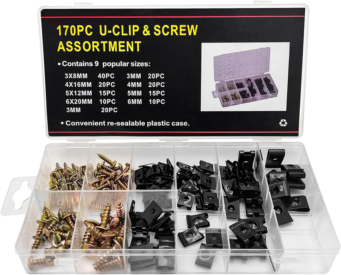 170 PCS Car U-Clip and Screw Assortment Kit, Auto U Nut and Screw Clip, 9 Sizes 170 PCS Car U-Clip and Screw Assortment Kit, Auto U Nut and Screw Clip, 9 Sizes