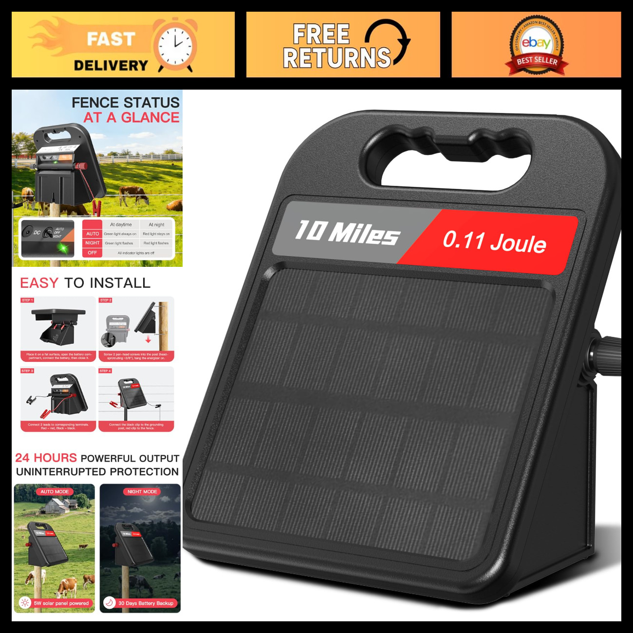 10 Mile Solar Electric Fence Charger 0.11J Energizer, Day/Night Mode, 24-Hour Pr 10 Mile Solar Electric Fence Charger 0.11J Energizer, Day/Night Mode, 24-Hour Pr