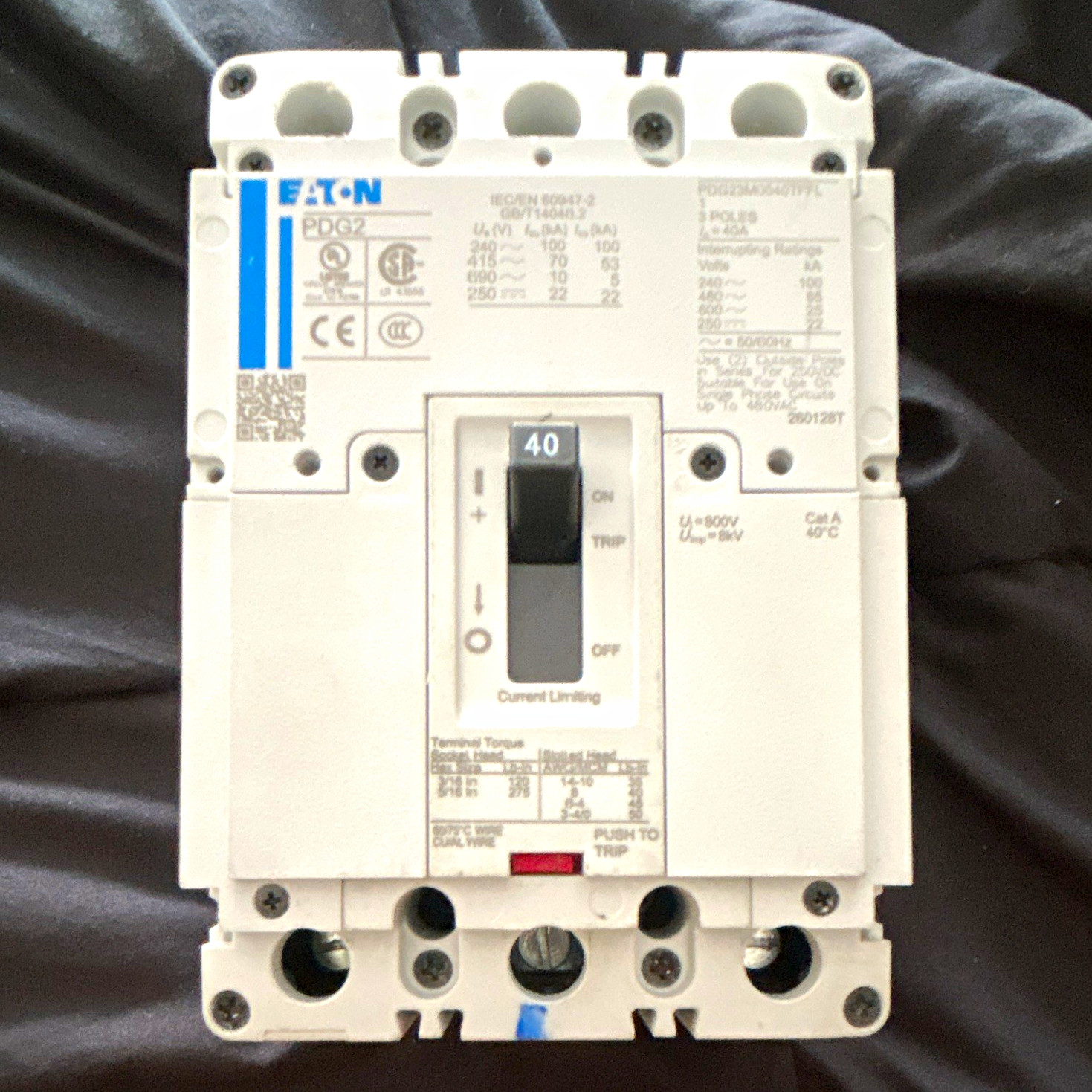 Eaton PDG2 PDG23M0040TFFL 3-Pole 40A Main Breaker 601-700V AC Eaton PDG2 PDG23M0040TFFL 3-Pole 40A Main Breaker 601-700V AC