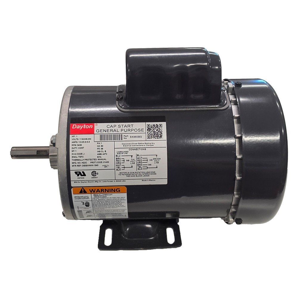 Dayton Motor # 5K960BG ( 1 HP, Volts: 115/208-230, Amps: 13.6/6.9-6.8, 1 Phase) Dayton Motor # 5K960BG ( 1 HP, Volts: 115/208-230, Amps: 13.6/6.9-6.8, 1 Phase)