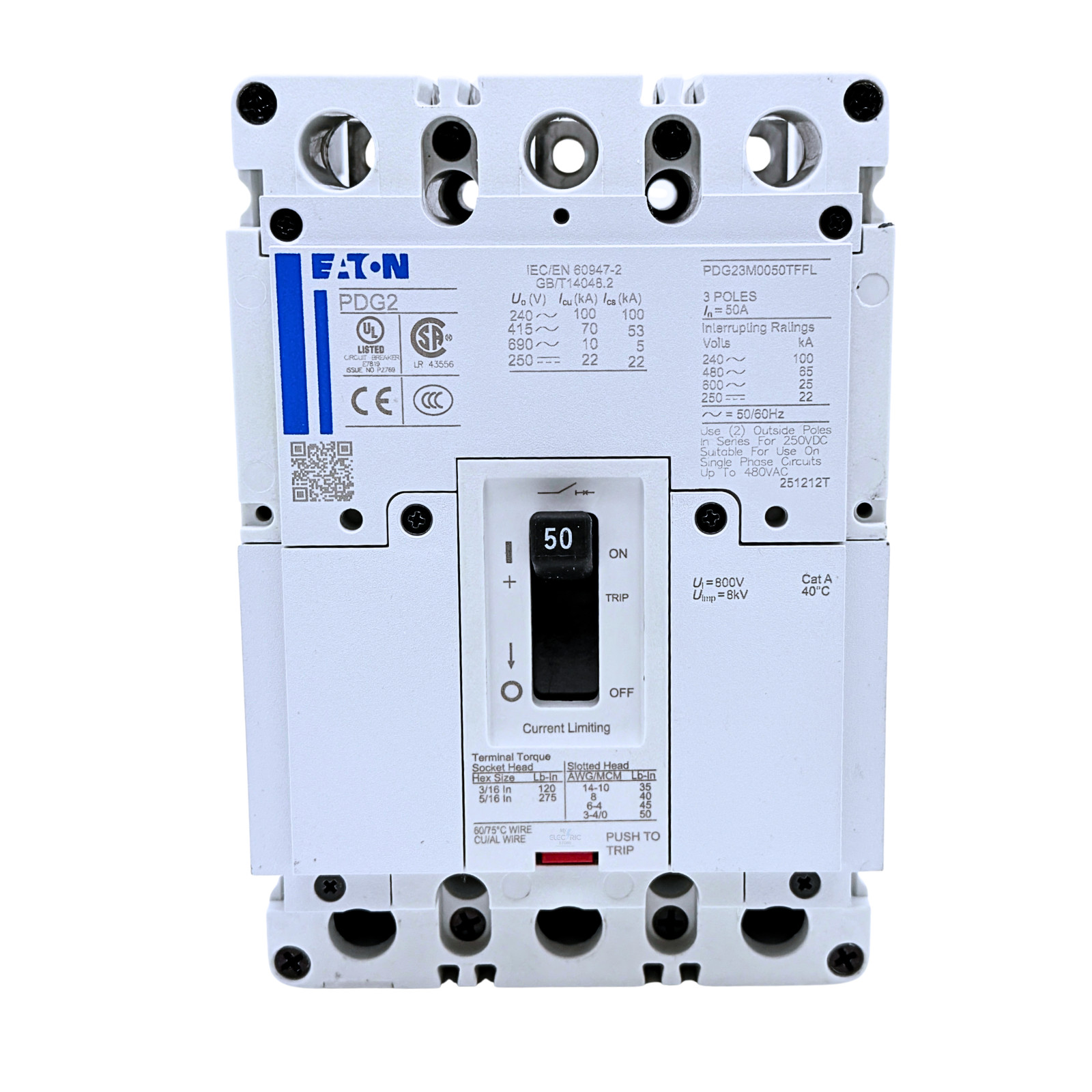 EATON PDG23M0050TFFL POWER DEFENSE 50A 3-POLE 600V 65KA MCCB FRAME 2 NEW UL