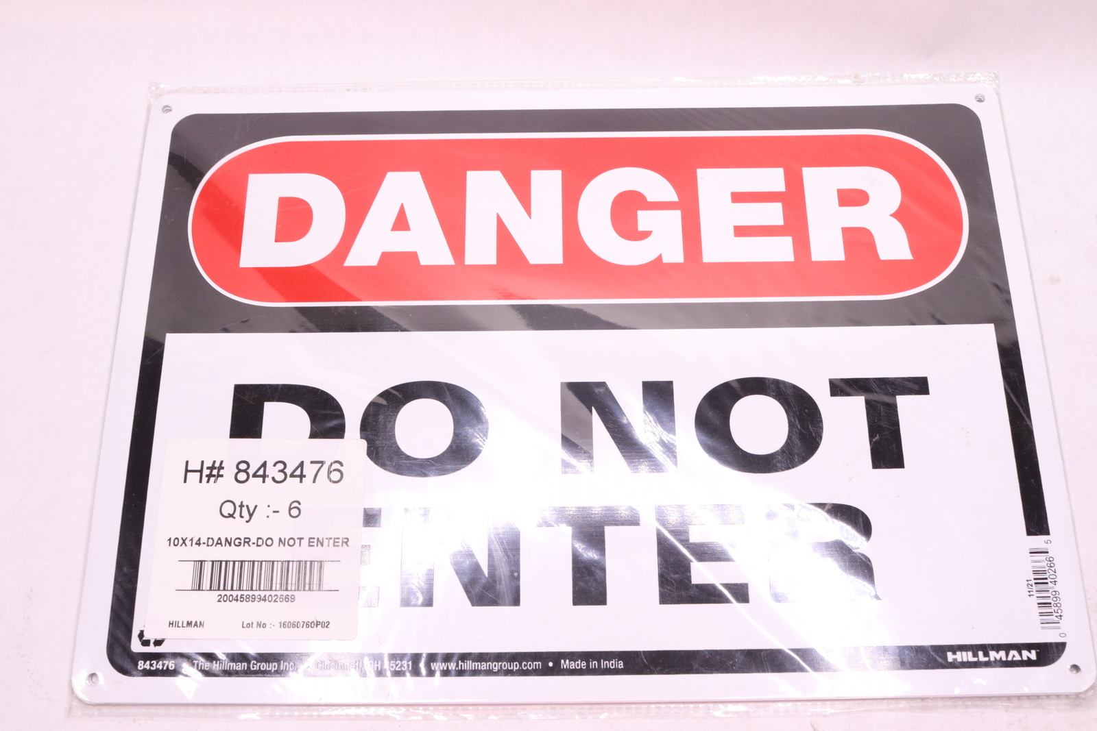 (6-Pk) Hillman Danger Do Not Enter Sign White Aluminum 10