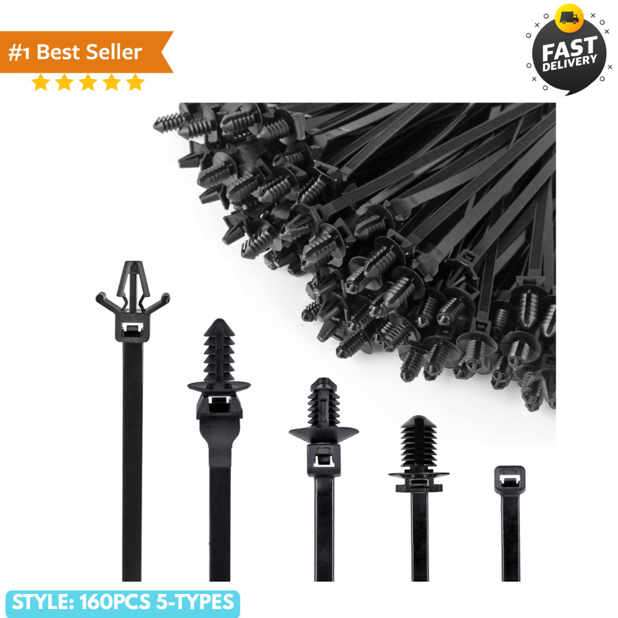 160Pcs Nylon Universal Cable Tie Buckle Zip Tie Clips Automotive Rivet Push M...