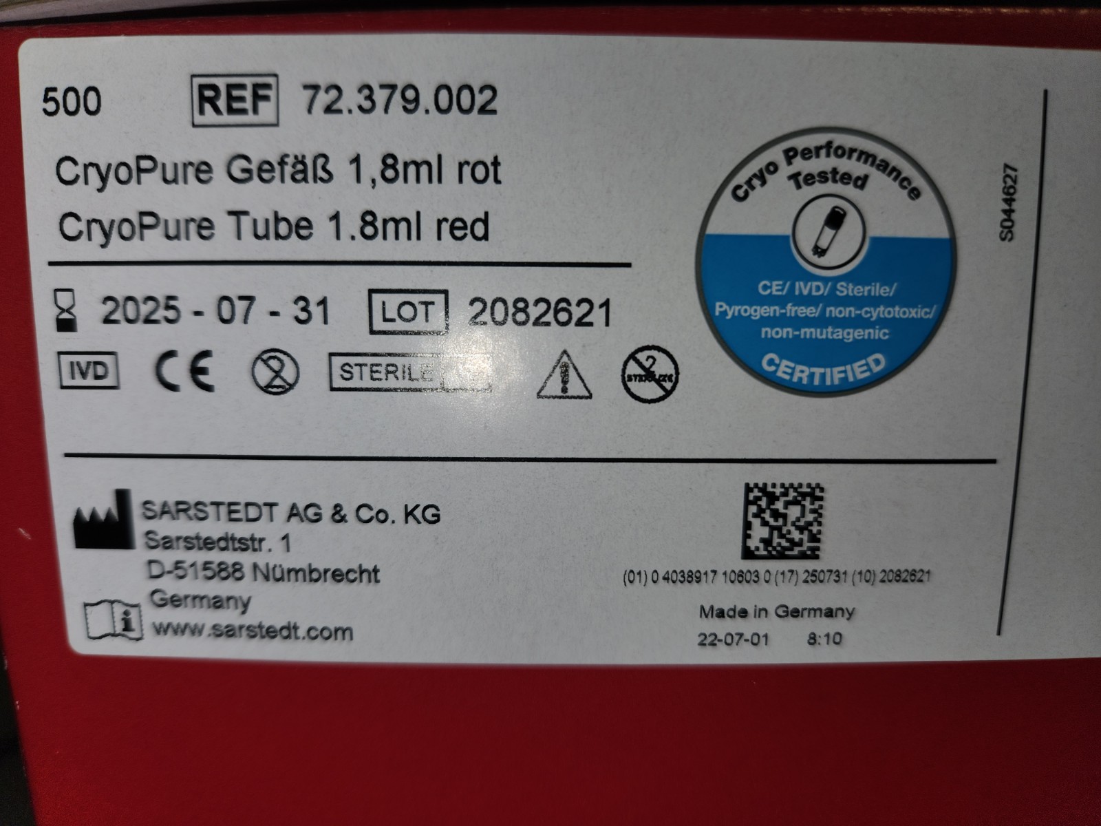 Sarstedt Inc CRYOPURE Tube, 1.8 ML, Red Cap/PK500 - 72379002 - Sarstedt Inc CRYOPURE Tube, 1.8 ML, Red Cap/PK500 - 72379002 -