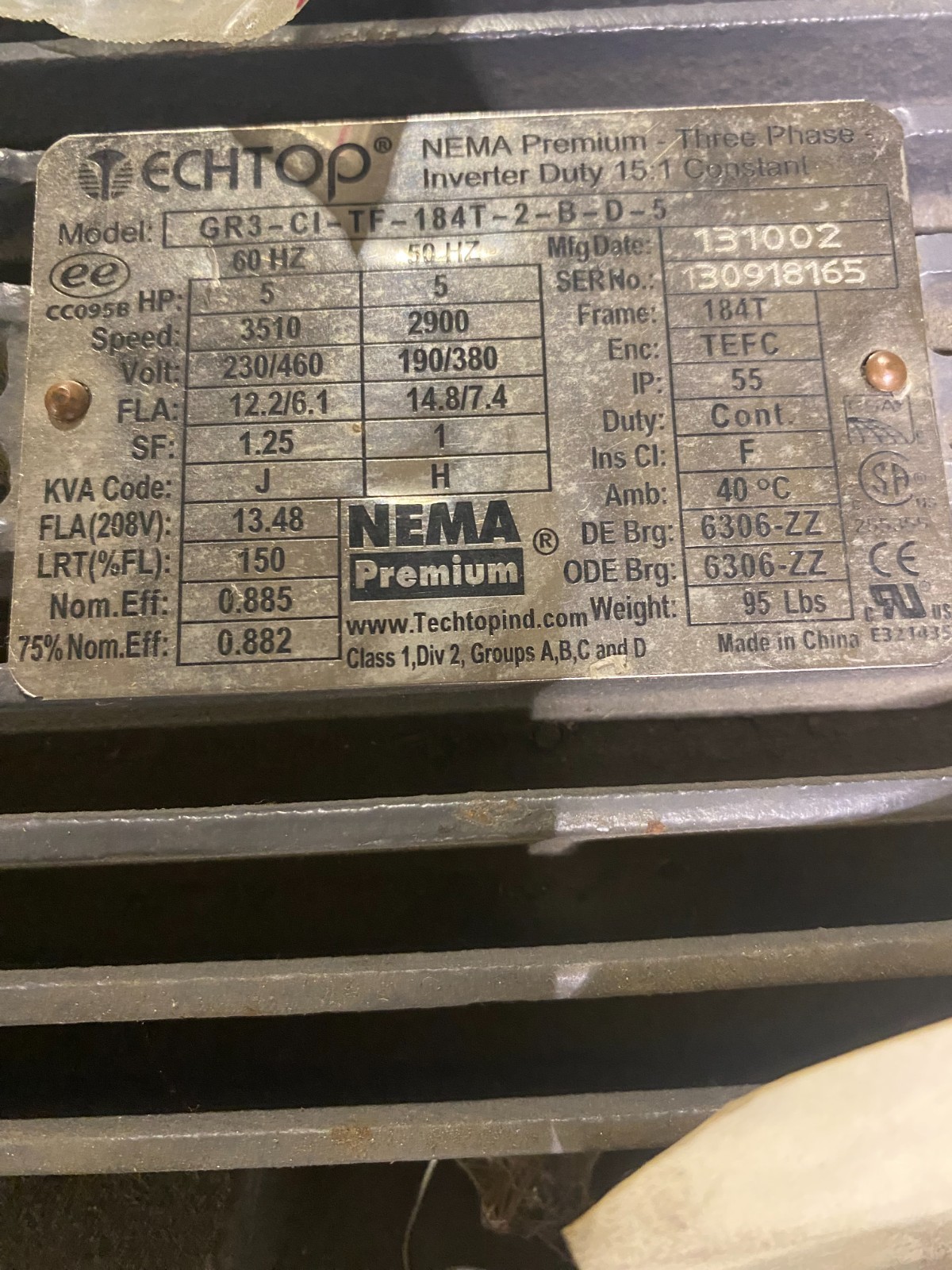 Techtop 5HP 3510RPM 230 460V 184T NEMA Premium 3 Phase Electric Motor Techtop 5HP 3510RPM 230 460V 184T NEMA Premium 3 Phase Electric Motor