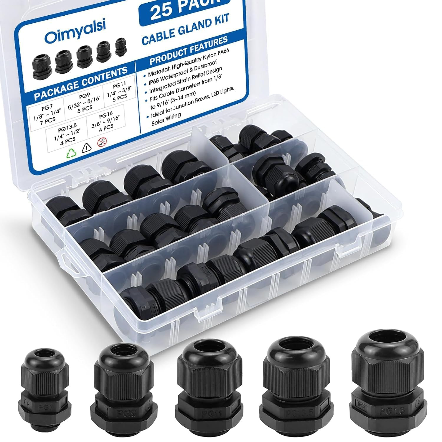 25 Pack Cable Gland Kit – IP68 Waterproof Nylon Cord Grip Connectors PG7 to PG16 25 Pack Cable Gland Kit – IP68 Waterproof Nylon Cord Grip Connectors PG7 to PG16