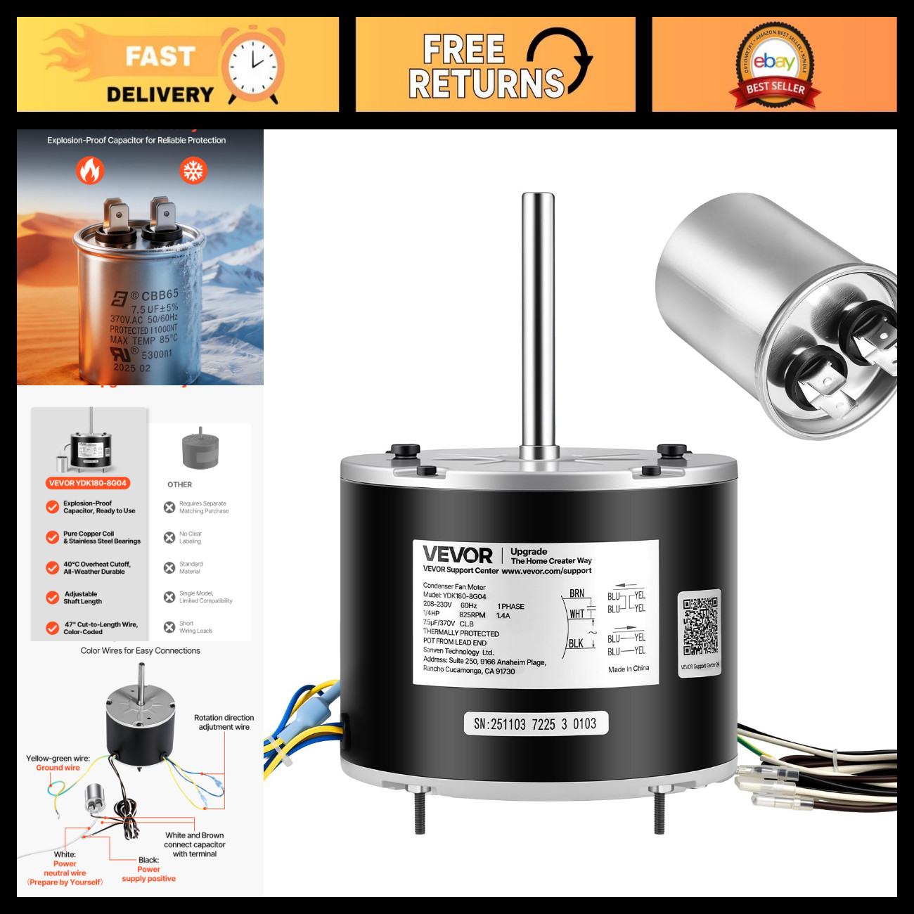 High-Efficiency 1/4HP Condenser Fan Motor 825RPM 208-230V, Compatible with HVAC High-Efficiency 1/4HP Condenser Fan Motor 825RPM 208-230V, Compatible with HVAC