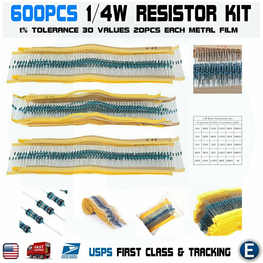 600pcs 30 Values 1/4W Metal Film Resistors Resistance Assortment Kit Set 1% USA 600pcs 30 Values 1/4W Metal Film Resistors Resistance Assortment Kit Set 1% USA