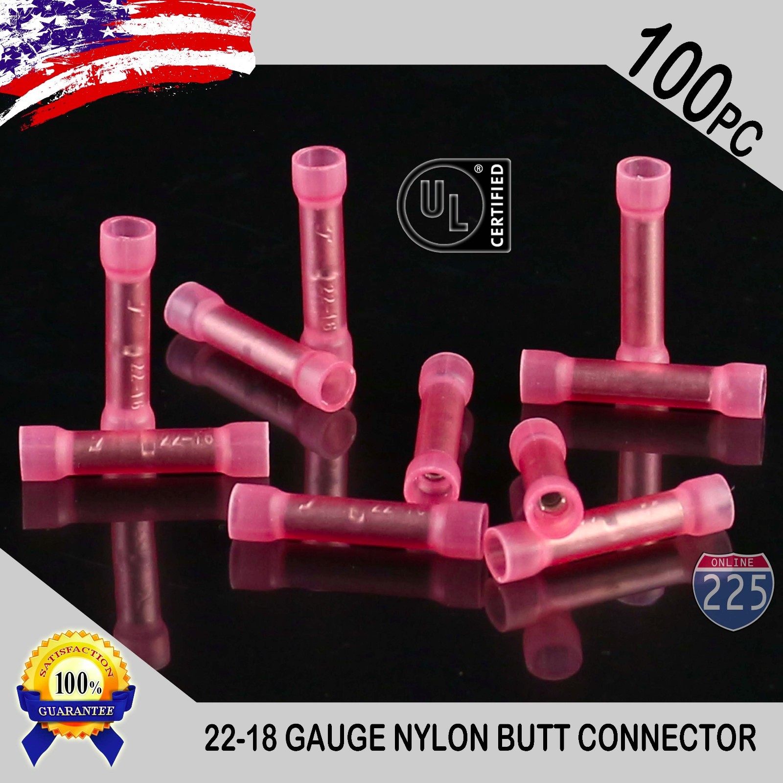 100 Pack 22-18 Gauge Wire Butt Connectors Red Nylon 22-18 AWG Crimp Terminals UL 100 Pack 22-18 Gauge Wire Butt Connectors Red Nylon 22-18 AWG Crimp Terminals UL