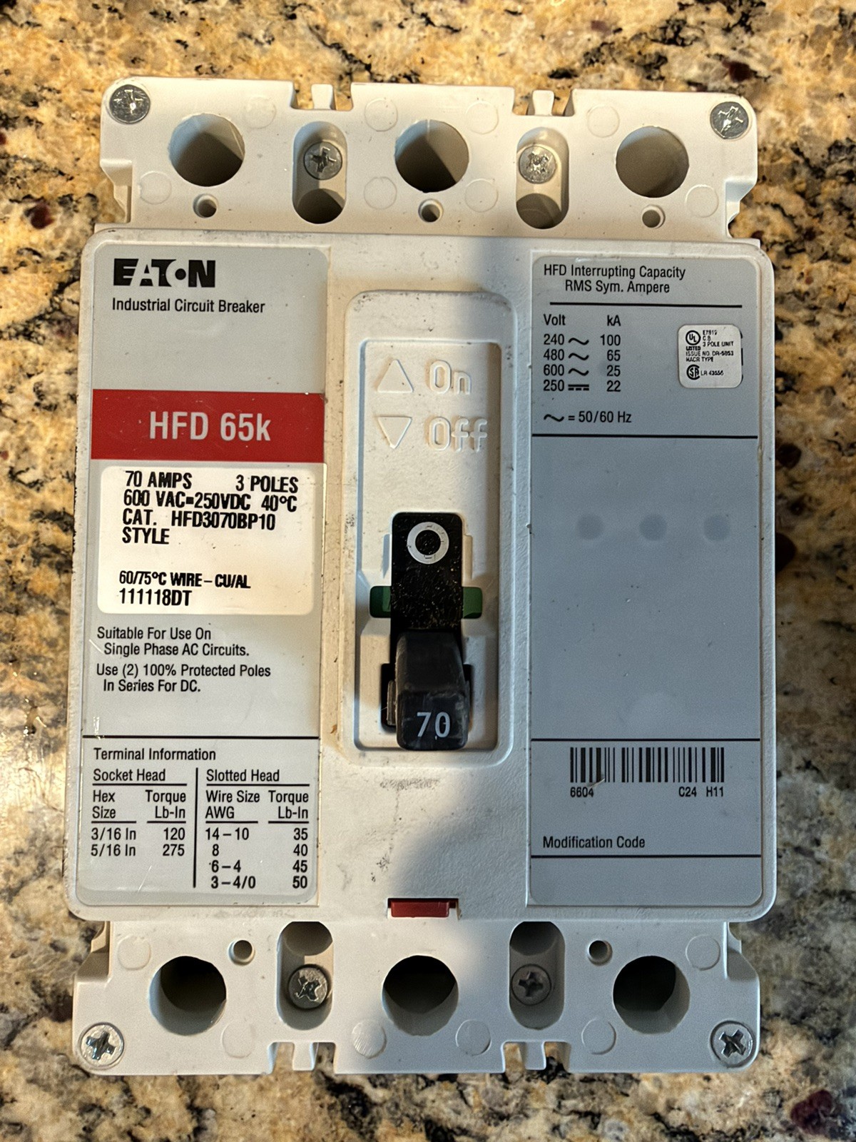 Eaton Cutler-Hammer HFD3070BP10 Circuit Breaker 3 Pole 70 Amp 600VAC Eaton Cutler-Hammer HFD3070BP10 Circuit Breaker 3 Pole 70 Amp 600VAC