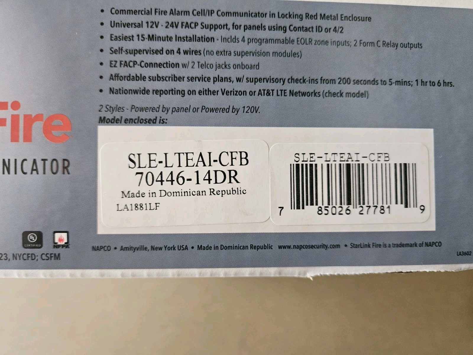 *NEW* Napco SLE-LTEAI-CFB Starlink Fire Alarm Communicator Dialer - NEW IN BOX *NEW* Napco SLE-LTEAI-CFB Starlink Fire Alarm Communicator Dialer - NEW IN BOX