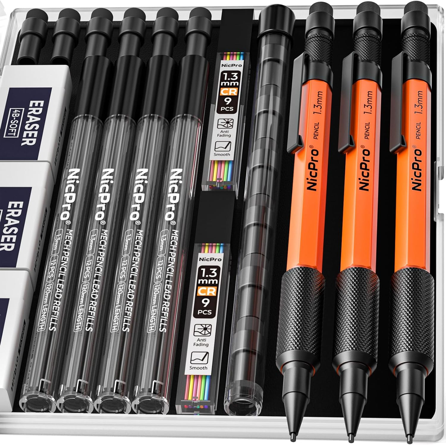 Nicpro 3 PCS 1.3 Mm Orange Mechanical Pencils Set with 66 Lead Refill, 3 Eraser Nicpro 3 PCS 1.3 Mm Orange Mechanical Pencils Set with 66 Lead Refill, 3 Eraser
