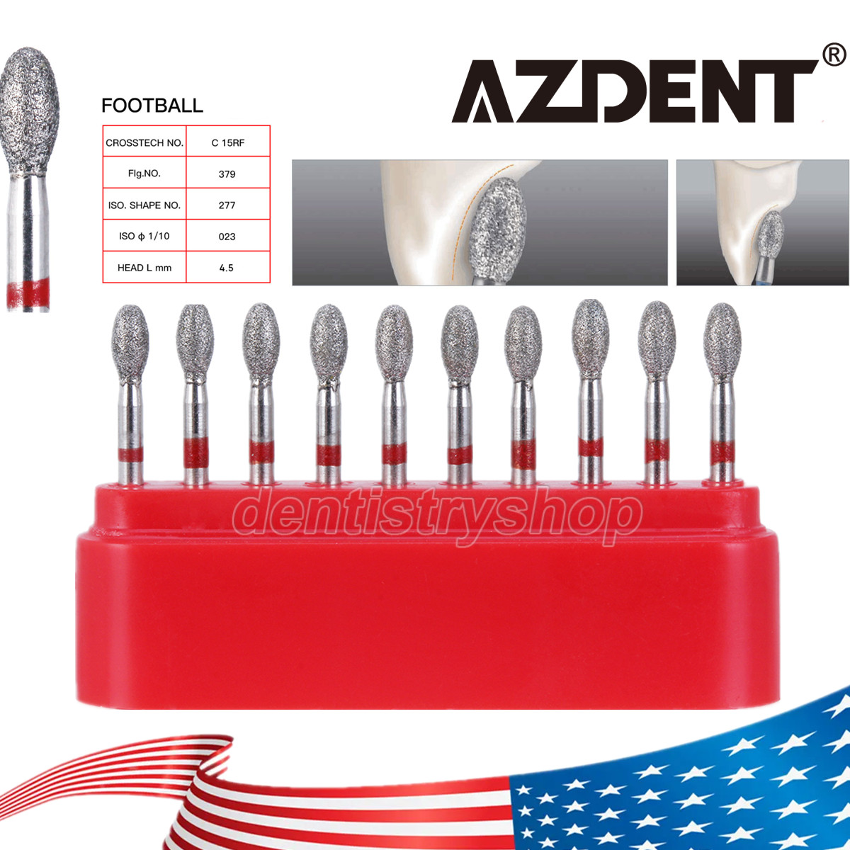 10Pcs Dental Diamond Burs FOOTBALL 379-023F FINE RED DEFEND Friction Grip