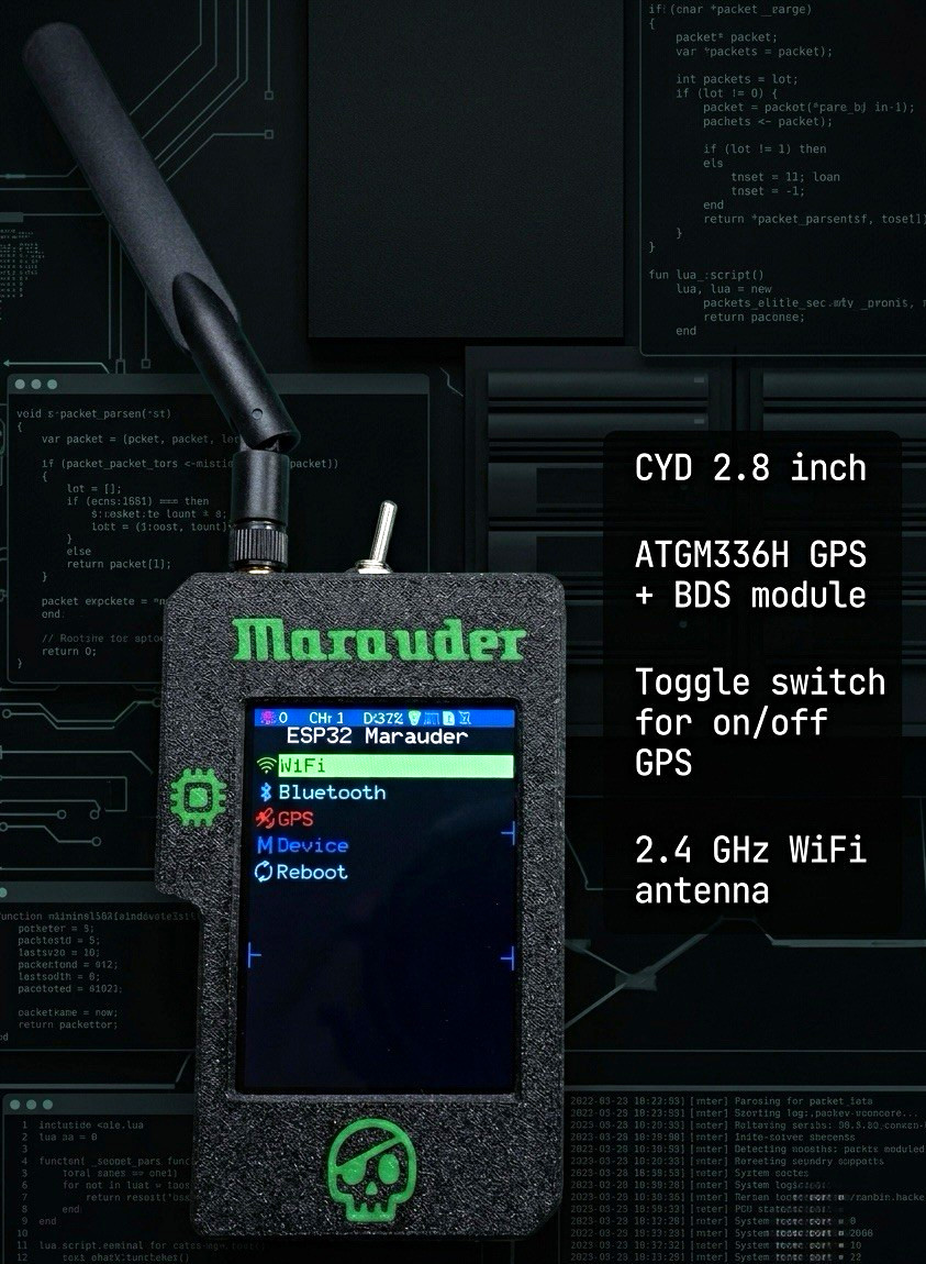 ESP32 Marauder Handheld w/ 2.8in Display, GPS Module, WiFi & Bluetooth ESP32 Marauder Handheld w/ 2.8in Display, GPS Module, WiFi & Bluetooth