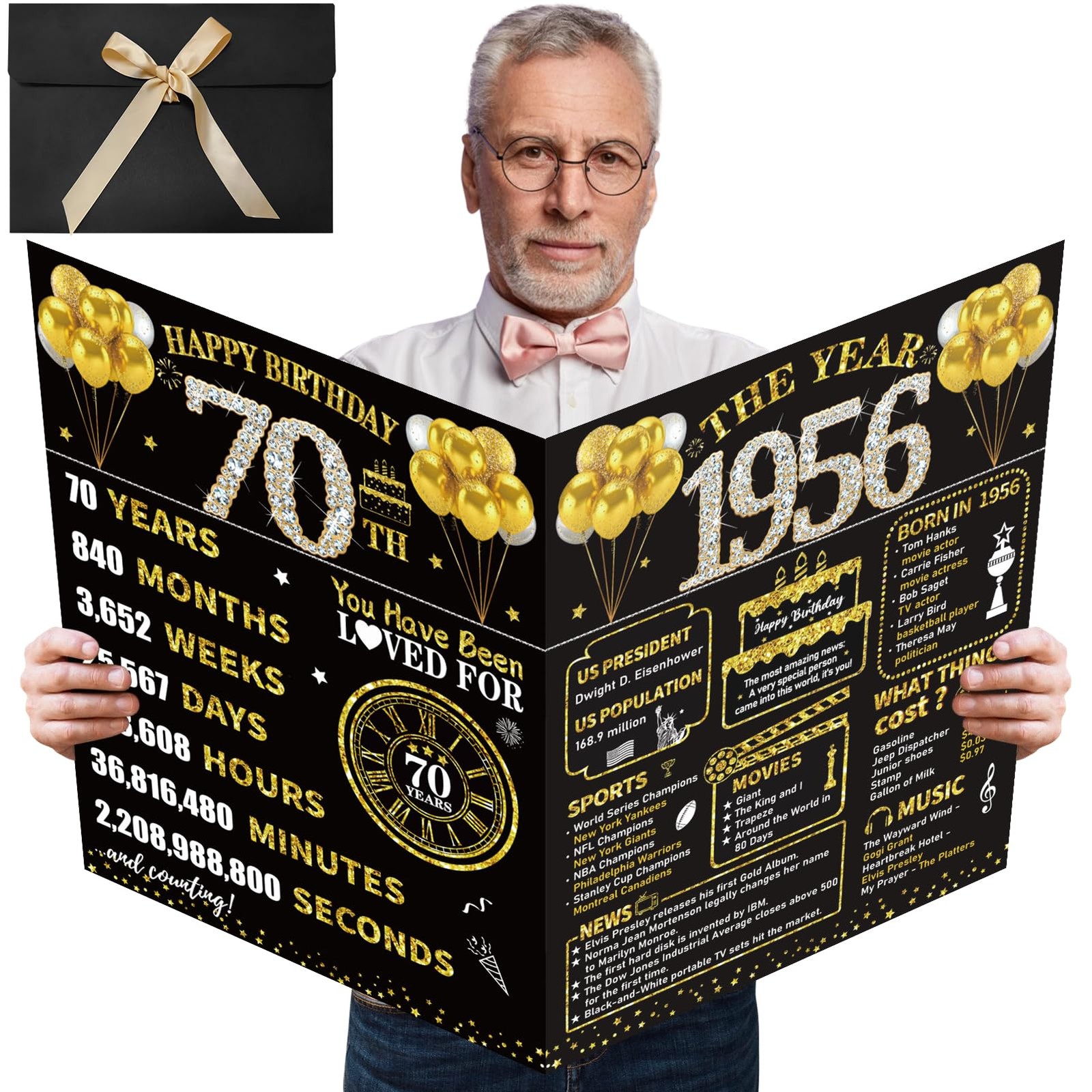 Kuxriox Large Happy 70th Birthday Card, Extra large, Black gold