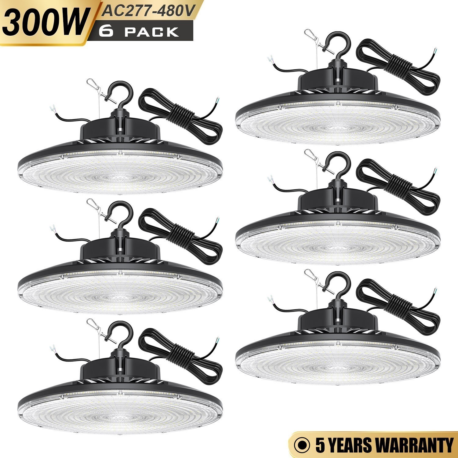 6Pack 480V 300W UFO LED High Bay Light Dimmable Industrial Commercial Lamp 5000K
