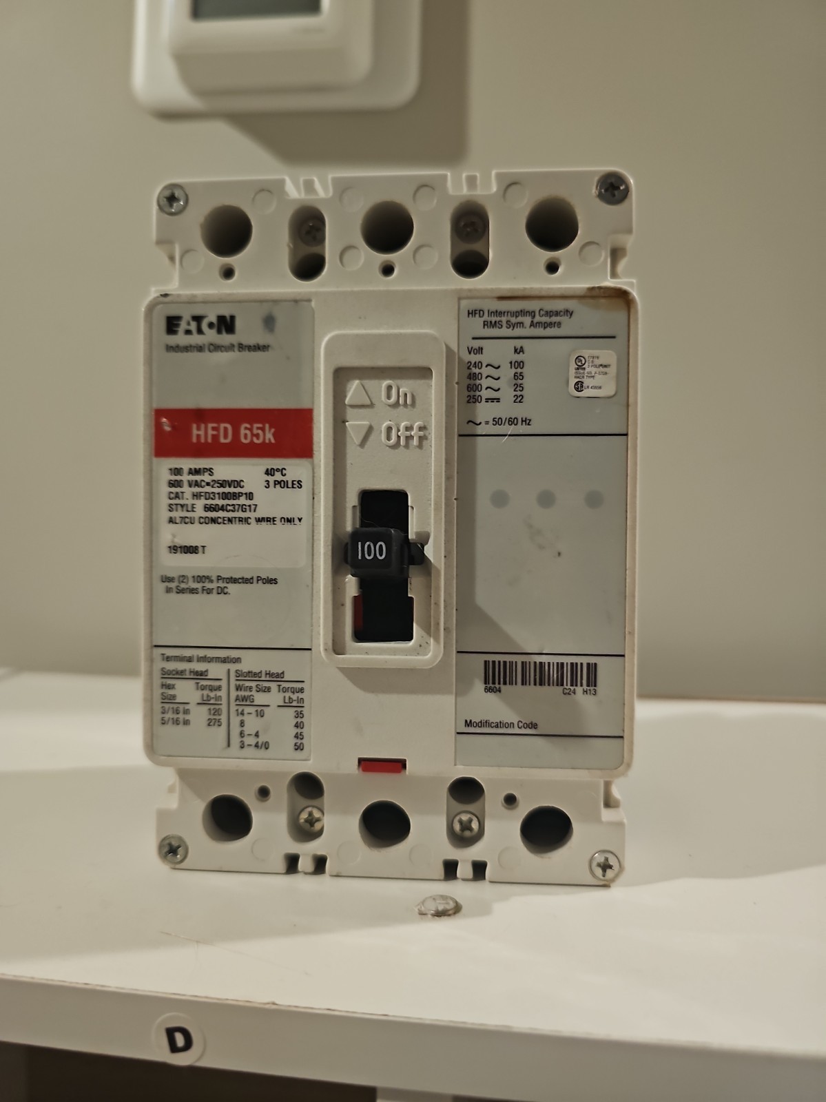 EATON HFD3100BP10 100amp 3 Pole 600 VAC CIRCUIT BREAKER