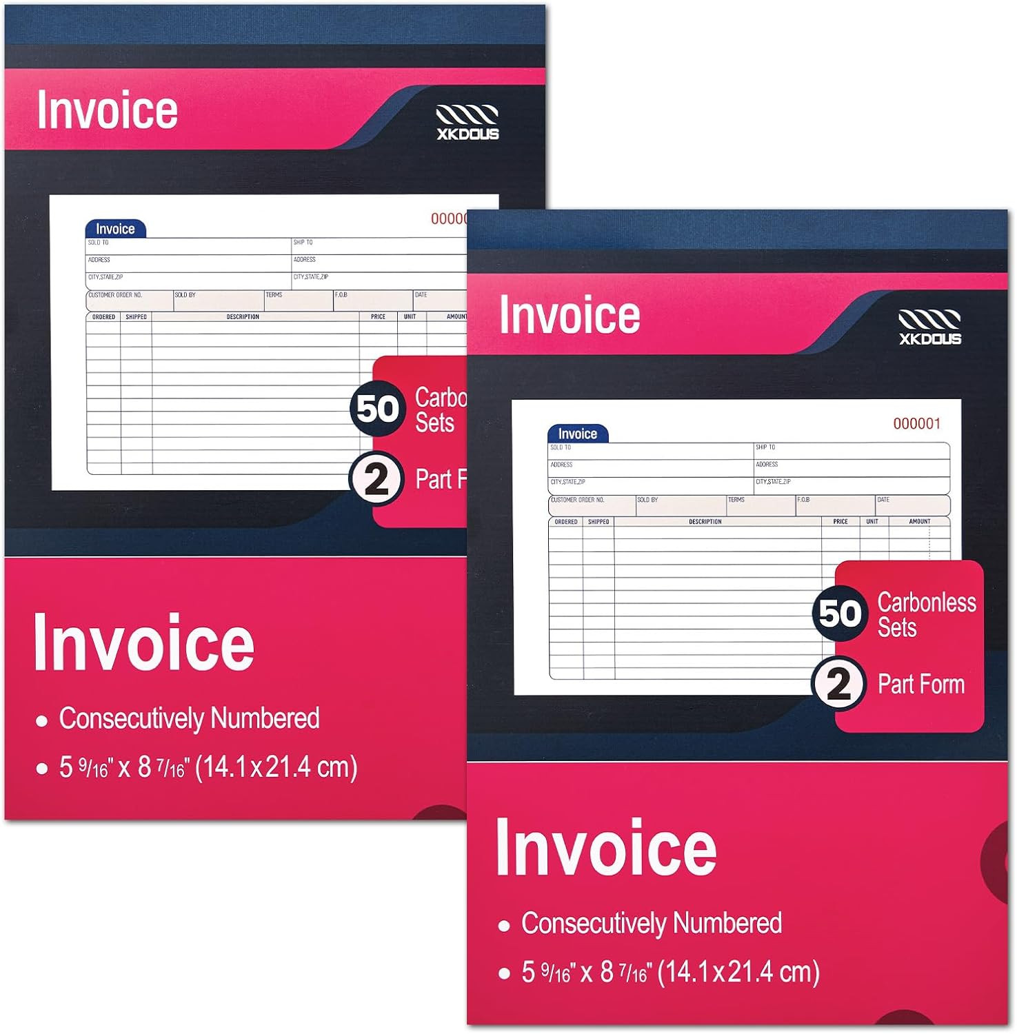 XKDOUS 2 Pack Invoice Book, 2-Part Carbonless, 5-9/16\