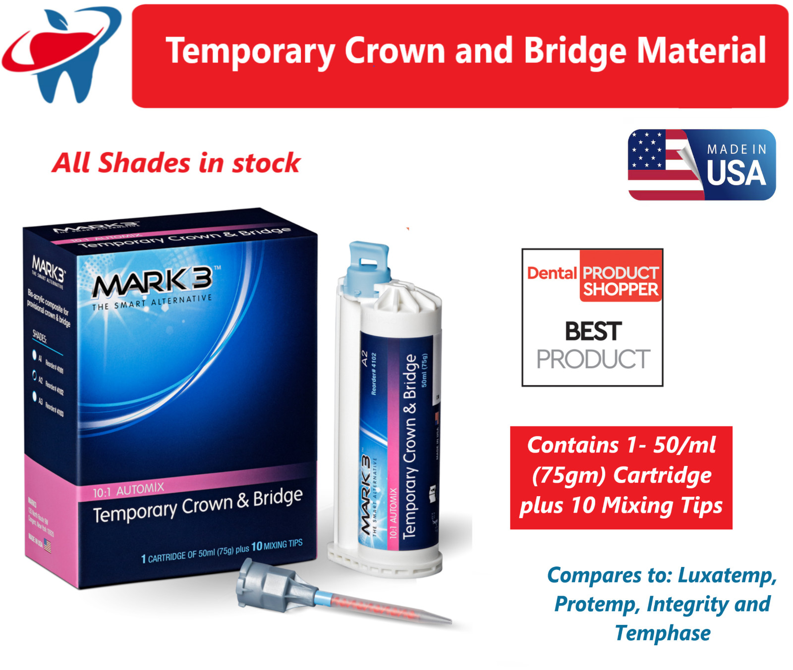 Dental Temporary Crown and Bridge Material 50ml 10:1 Cartridge, Shade A1, A2, B1 Dental Temporary Crown and Bridge Material 50ml 10:1 Cartridge, Shade A1, A2, B1