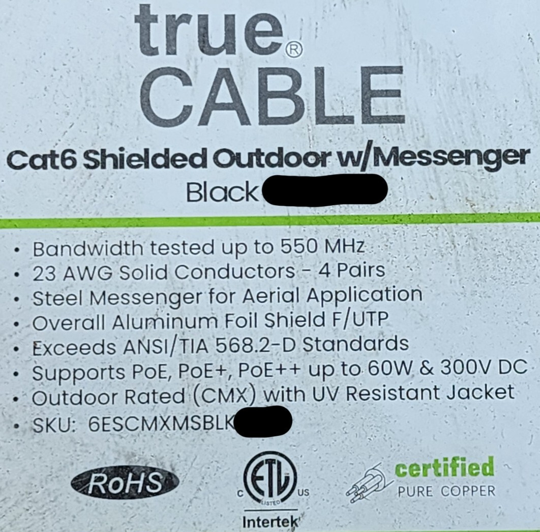 trueCable 23/4P F/UTP Shielded Aerial Cat6 Network Cable w/ Messenger CMX /50ft trueCable 23/4P F/UTP Shielded Aerial Cat6 Network Cable w/ Messenger CMX /50ft