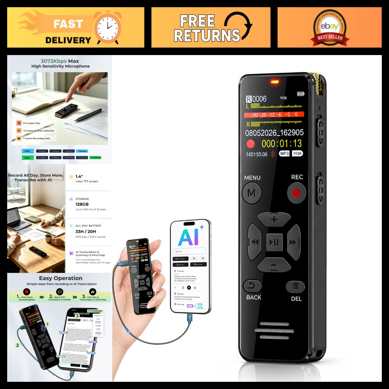 128GB Digital Voice Recorder with AI Transcription & Summarization, Note Taker 128GB Digital Voice Recorder with AI Transcription & Summarization, Note Taker