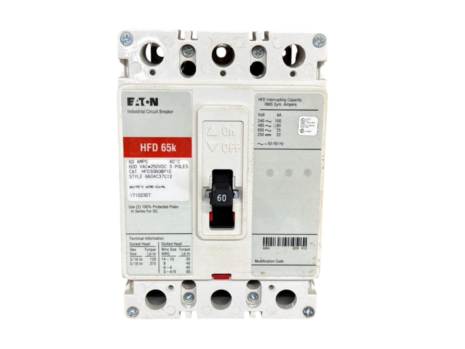 EATON CUTLER HAMMER HFD3060BP10 60A 3-POLE 600V F-FRAME 65KA CIRCUIT BREAKER NEW