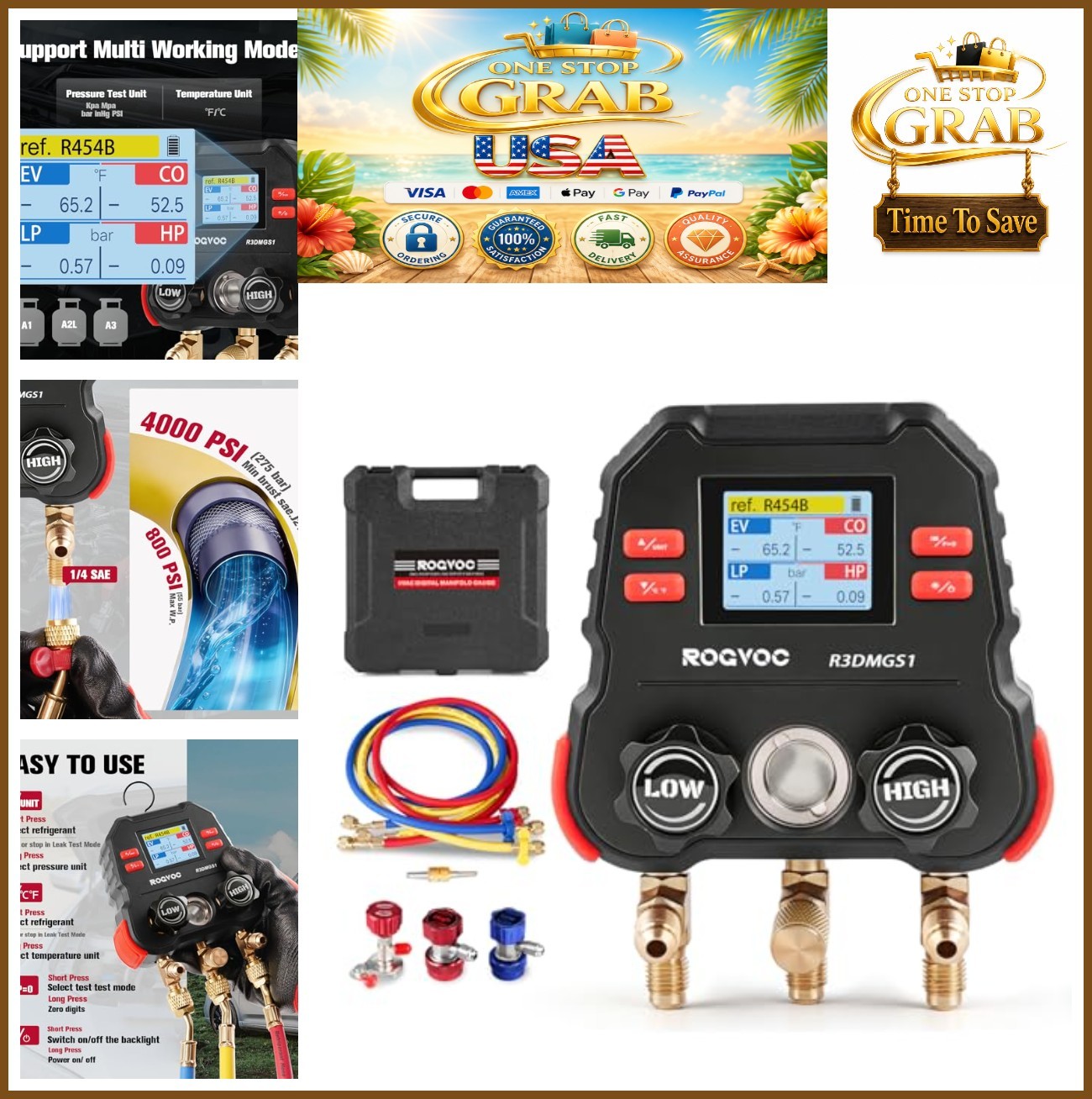 Digital HVAC Manifold Gauge 3 Way Refrigerant Charging Kit 113 Refrigerants TFT