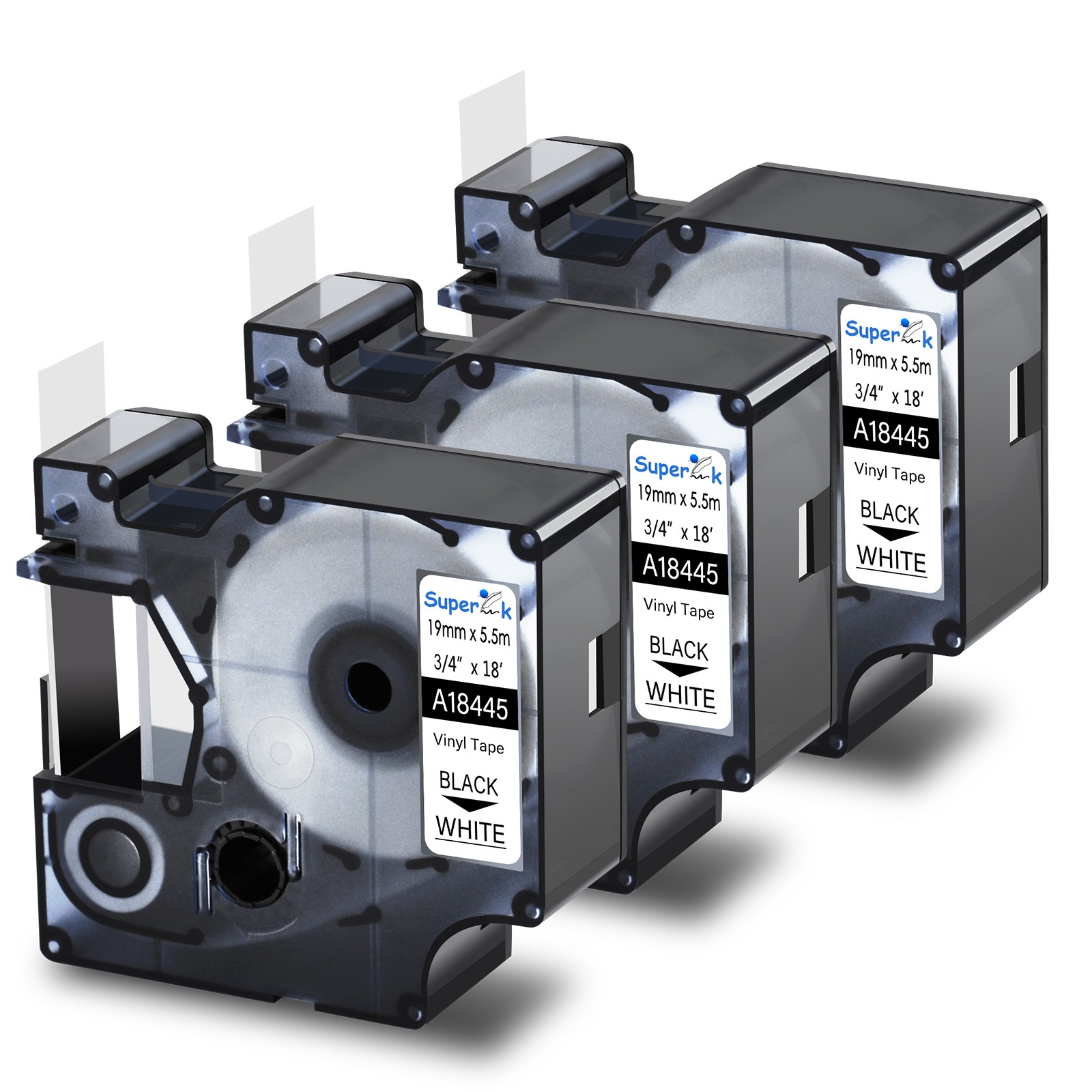 3PK 18445 Black on White Industrial Vinyl Tape Label For DYMO Rhino 4200 19mm