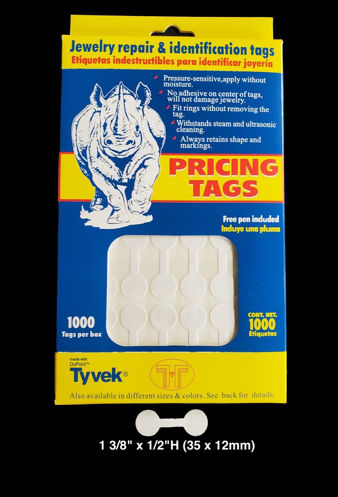 1000 Rhino Tyvek White Adhesive Dumbbell Jewelry Labeling Price Tags - 3 Styles 1000 Rhino Tyvek White Adhesive Dumbbell Jewelry Labeling Price Tags - 3 Styles