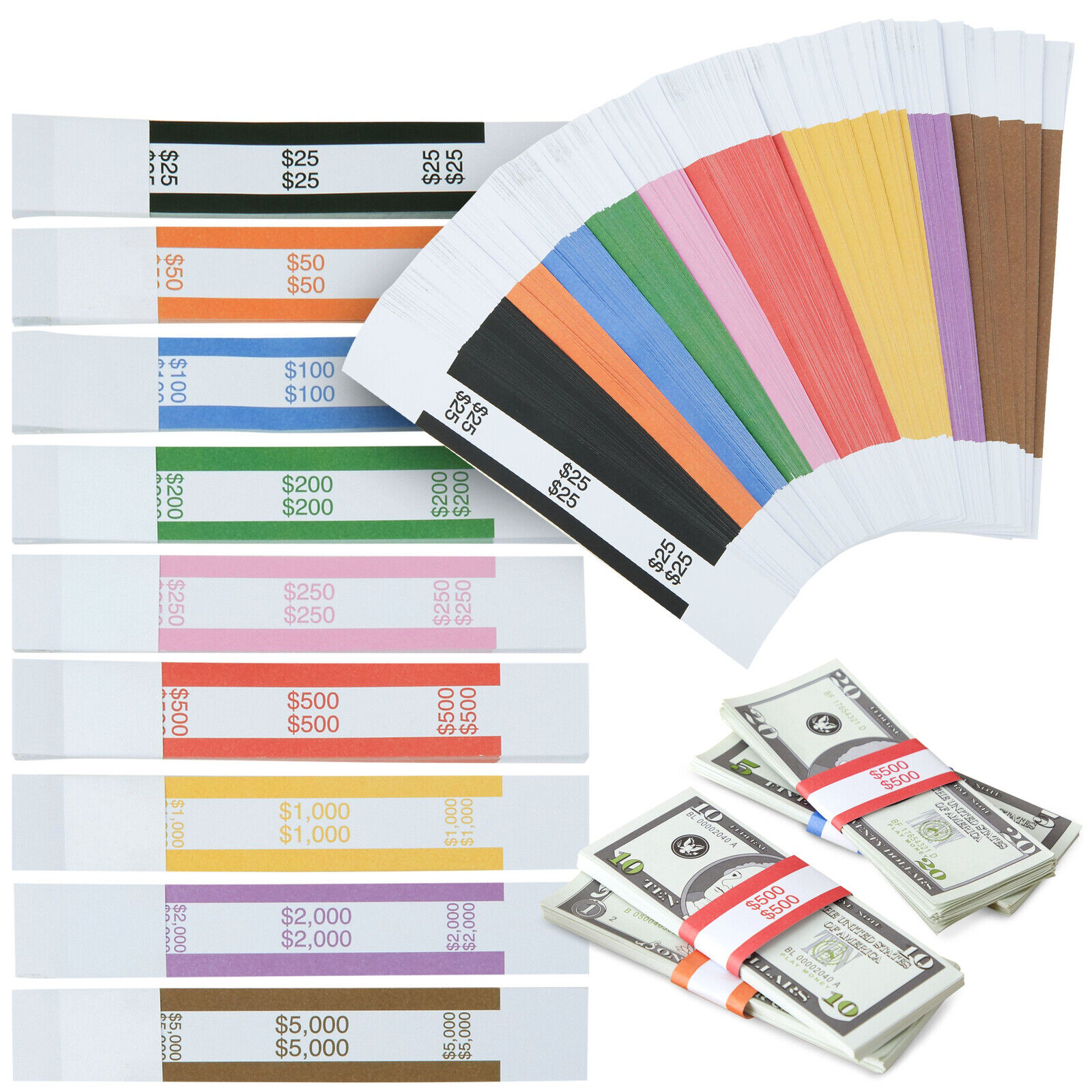 300 Pack Self-Adhesive Money Bands for Cash, ABA Standard Colors, 7.75 x 1.25 In