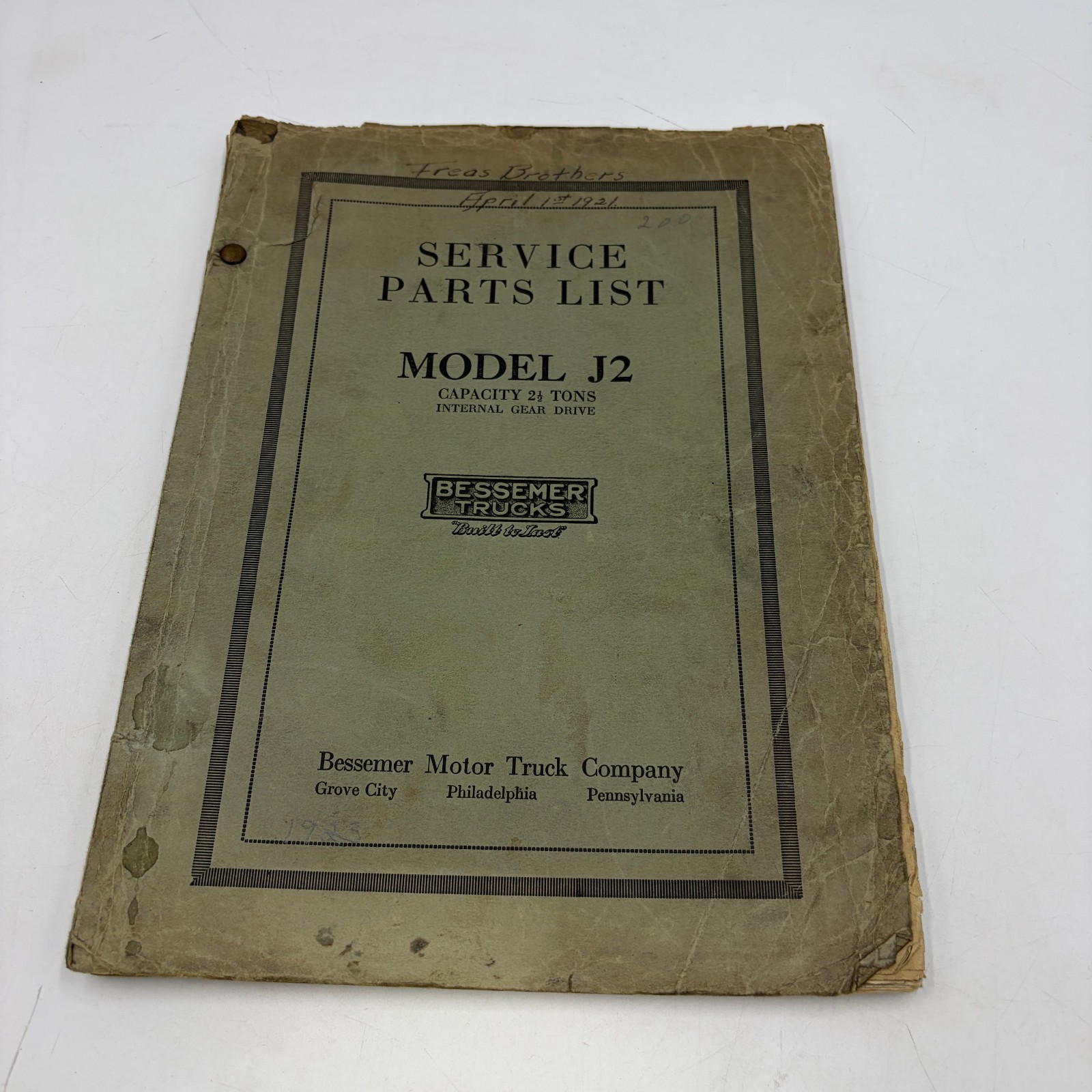 Vintage Bessemer Trucks Model J2 2½ Ton Service Parts List Original Manual Vintage Bessemer Trucks Model J2 2½ Ton Service Parts List Original Manual