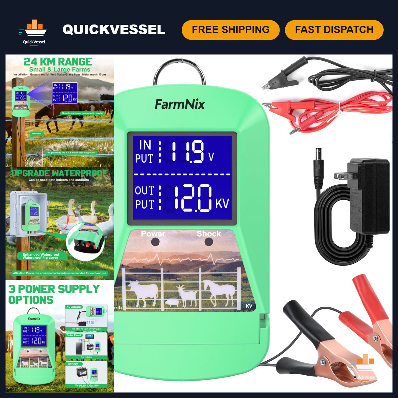 12KV Electric Fence Charger Kit, 15 Miles Range, 3 Joules Power, Livestock Prote 12KV Electric Fence Charger Kit, 15 Miles Range, 3 Joules Power, Livestock Prote