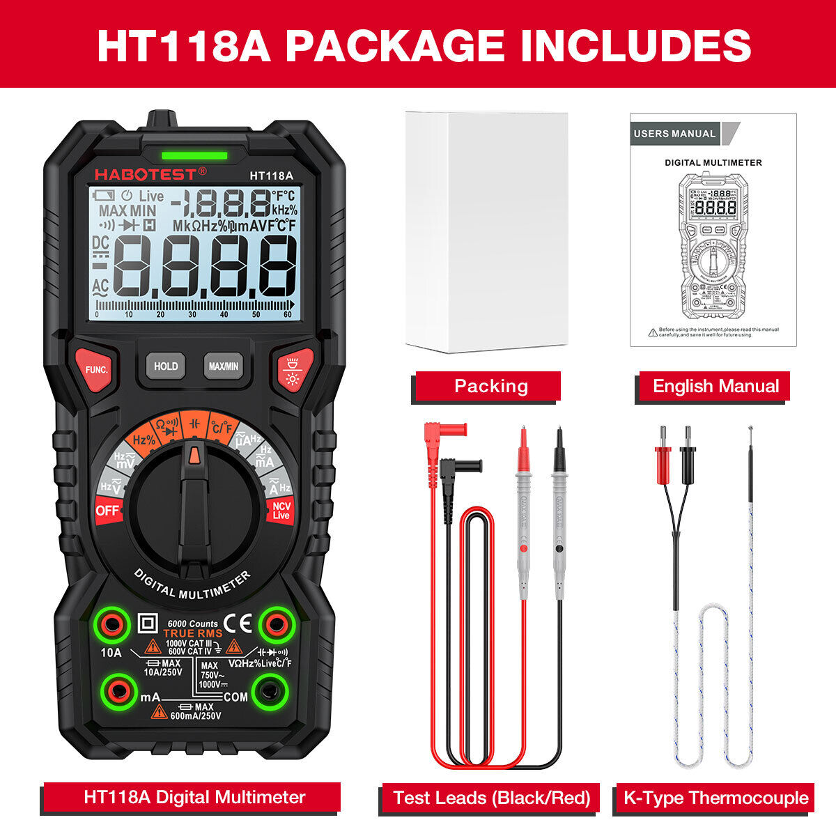 HABOTEST HT118 Series Digital Multimeter AC DC Ohmmeter Volt Tester Lead Meter