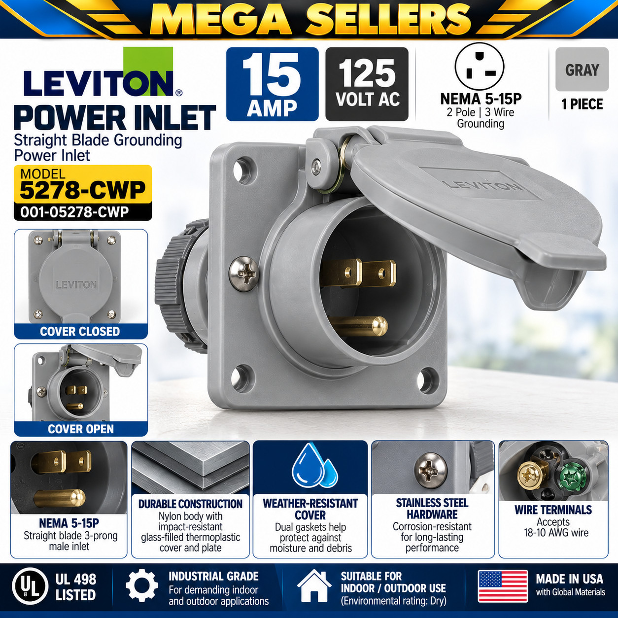 Leviton 5278-CWP 15A 125V Straight Blade Grounding Power Inlet Outlet Gray Leviton 5278-CWP 15A 125V Straight Blade Grounding Power Inlet Outlet Gray