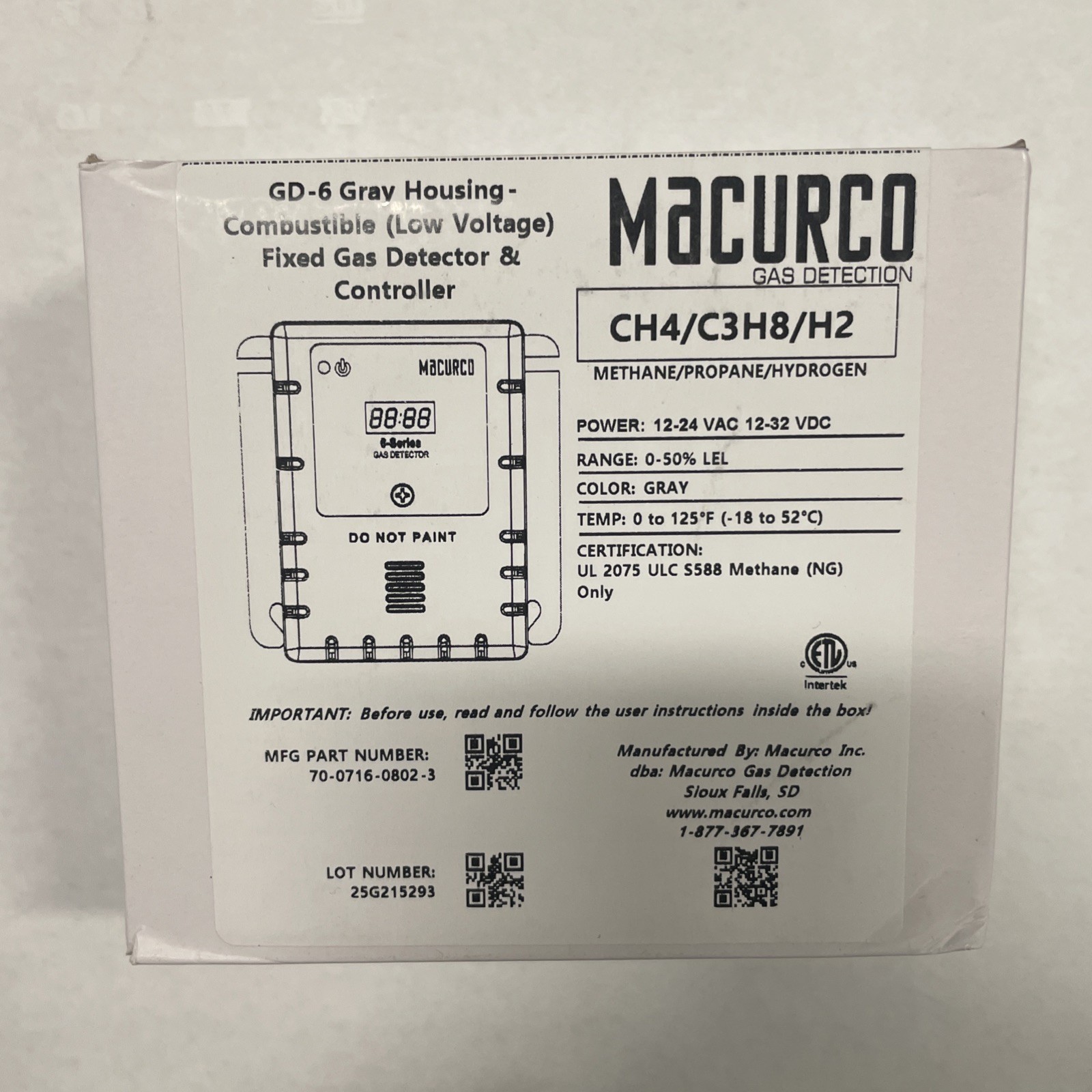 Macurco GD-6 Gray - Fixed Gas Detector -  SEALED IN BOX Brand new