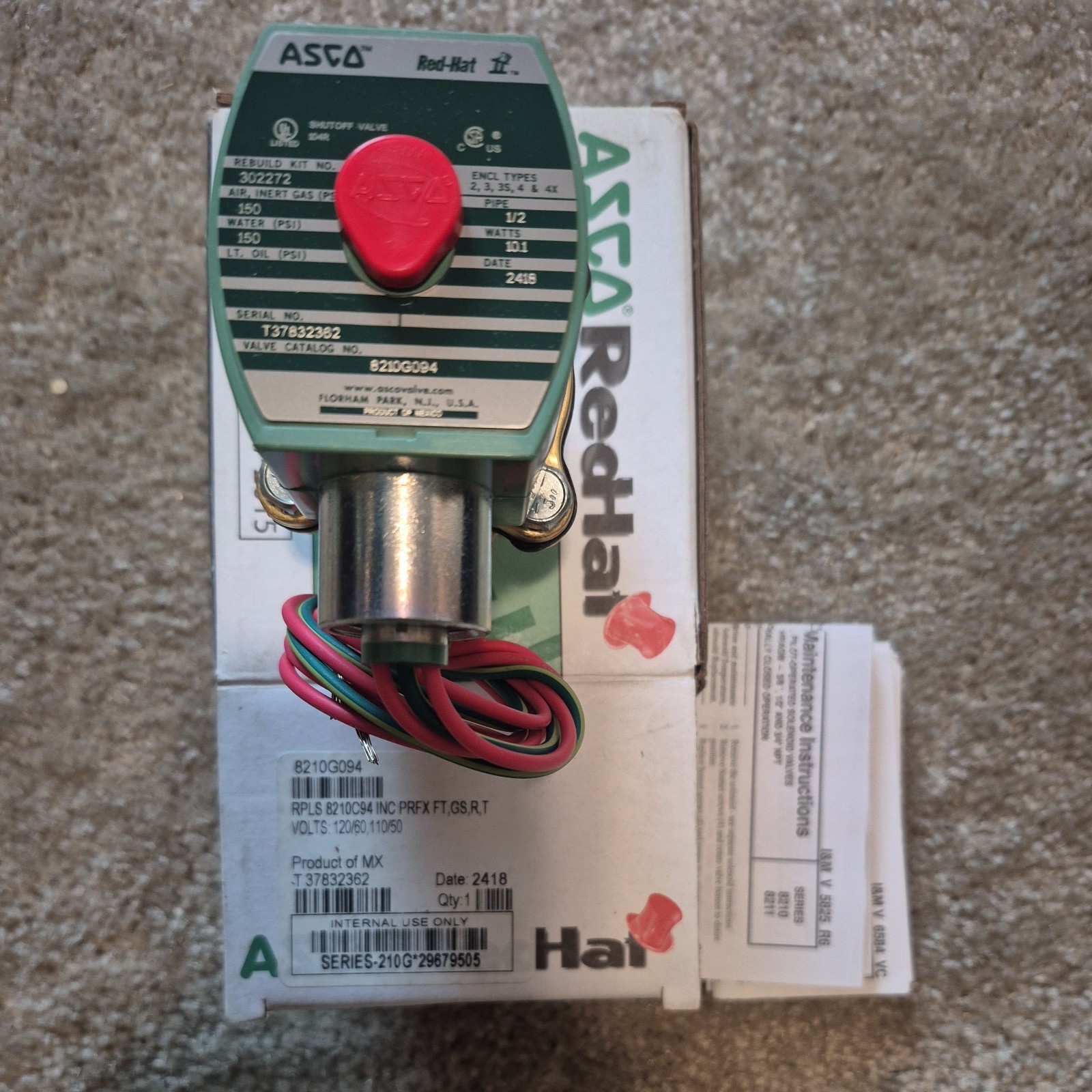 ASCO Red Hat Solenoid Valve, 8210G094, 1/2, 2-way, 120V